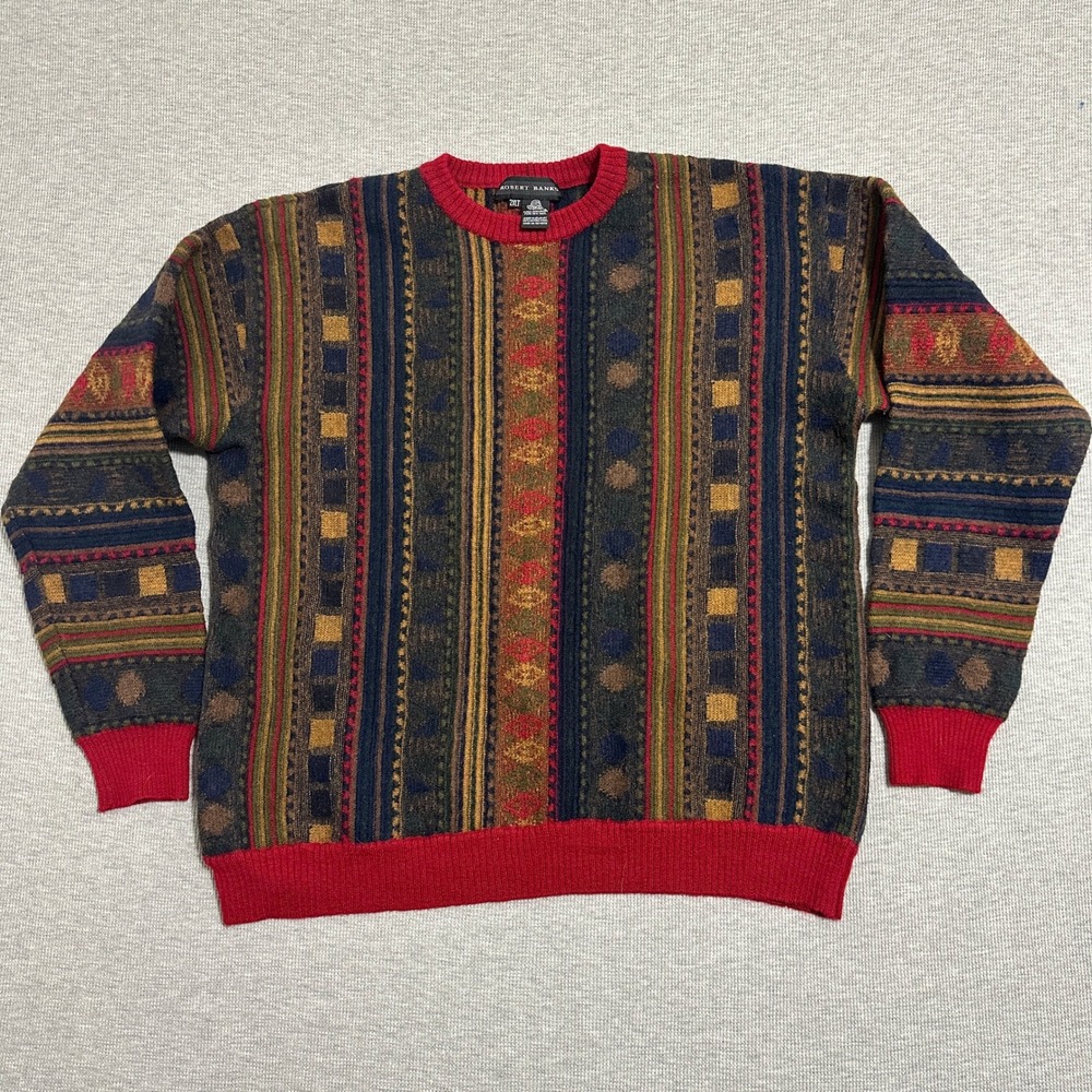 Robert Banks Mens 2XL Merino Wool Sweater Vintage 90s Geometric Stripe Uruguay‎